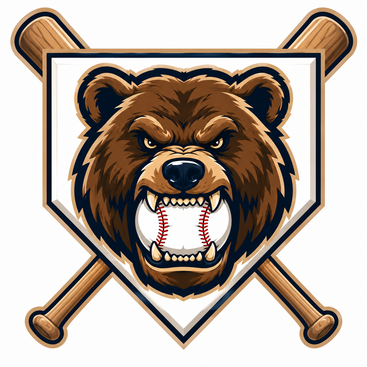 Bullpen Bandits bear mascot biting a baseball with crossed bats and home plate